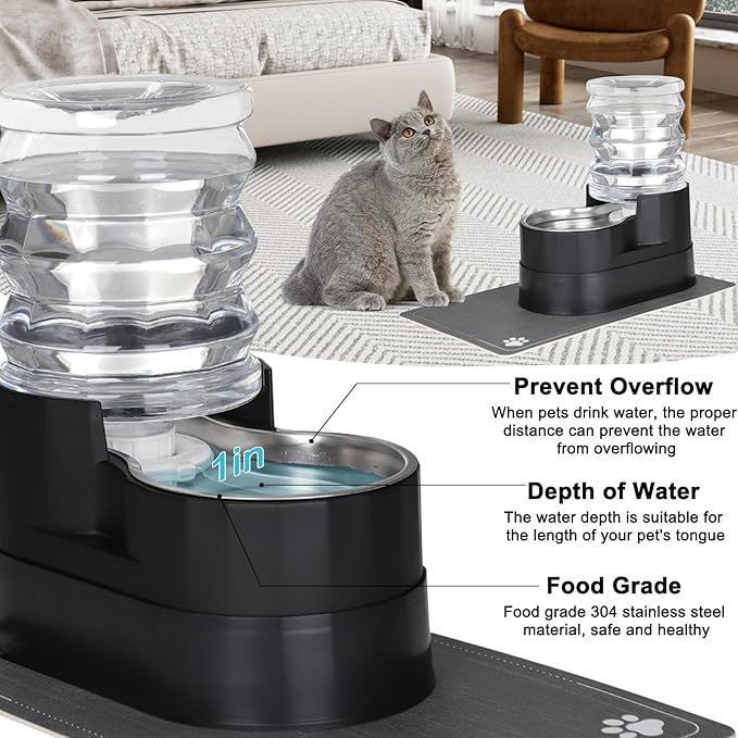 RIZZARI Automatic Cat Water Dispenser: Black 5L Elevated Feeder - Stainless Steel Gravity Bowl - Leakproof Base for Indoor Pets