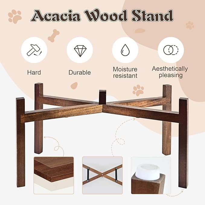 SPUNKYJUNKY Raised Ceramic Dog Bowls Set with Non-Slip Acacia Wood Stand for Large Sized Dog(60.87 OZ, White)