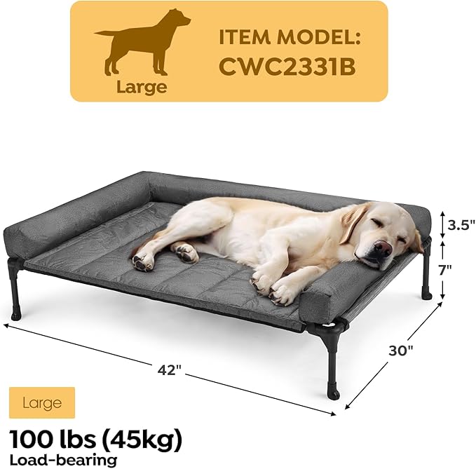 Veehoo Cooling Elevated Dog Bed Add Removable Waterproof Bolster Cushion Mat, Raised Pet Cot with Breathable Teslin Mesh, No-Slip Feet, Dog Couch Bed for Indoor Outdoor, Large, Black Silver