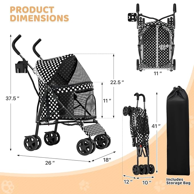 Magshion Compact Pet Stroller for Small-Medium Dogs/Cats up to 22lbs, 4-Wheel Lightweight Umbrella Shaped Portable Puppy Travel Jogger with Breathable Mesh, Cup Holder & Rear Storage, Black Polka Dots