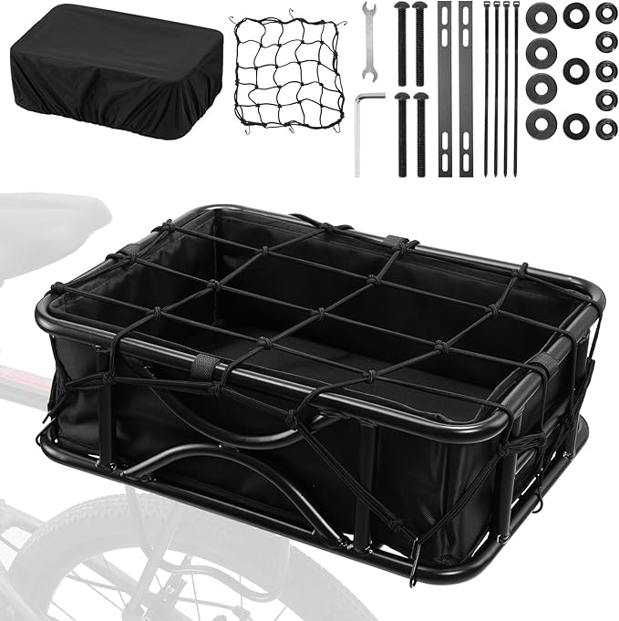 Heavy Duty Rear Bike Basket for Adults, Bicycle Cargo Basket with Removable Liner, Waterproof Cover & Cargo Net, Universal Fit for E-Bike, Mountain Bike, Dog Carrier