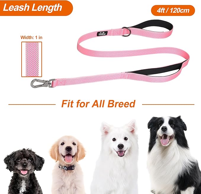 TwoEar 6FT 1IN Strong Pink Dog Leash with 2 Padded Handles, Traffic Handle Extra Control, Comfortable Soft Dual Handle, Auto Lock Hook, Reflective Walking Lead for Small Medium and Large Dogs