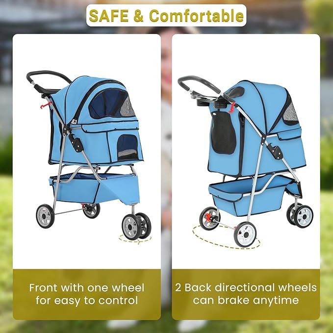Foldable Pet Stroller for Cats and Dogs 3 Wheels Carrier Strolling Cart with Weather Cover, Mesh Panels，Storage Basket Cup Holder，Blue