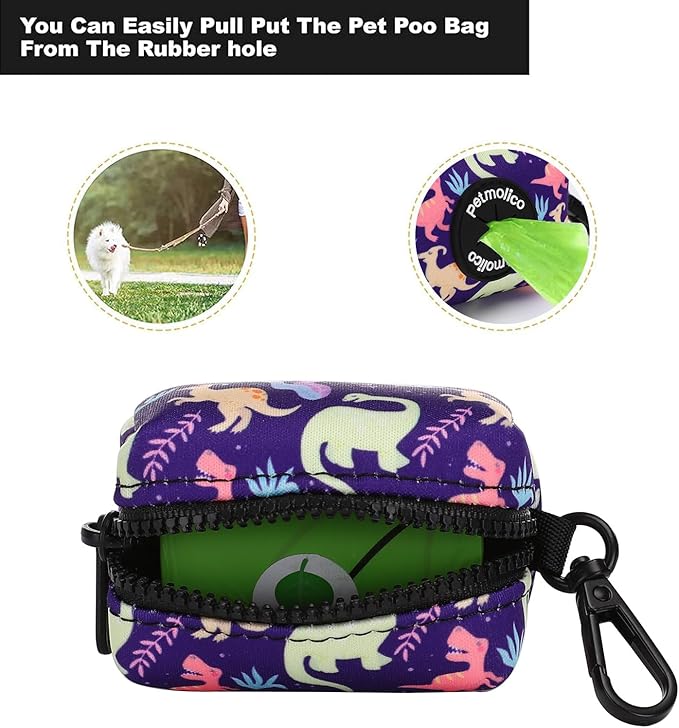 Attachment,Waste Bag Dispenser Zippered Pouch, Fits Any Leash, Includes Free Roll of Dog Bags, Poop Bag Dispenser - 2 Packs, Little Dinosaurs