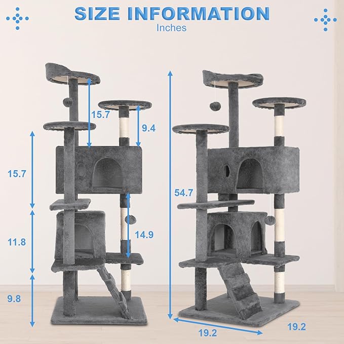 FDW Cat Tree 54in Cat Tower Multi-Level Durable Cat Scratching Post & Cozy Fun Cat Jumping Platform Space Saving Cat Condo Pet Play House for Indoor Cats,Light Gray