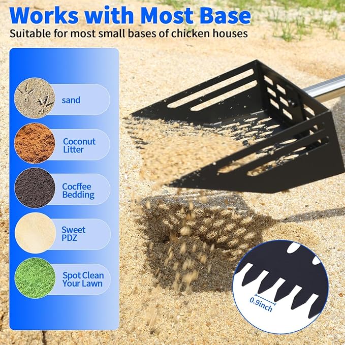 Chicken Poop Scooper, 2-in-1 Coop Litter Scoop, Heavy Duty Metal Adjustable Shovel for Sand/Litter