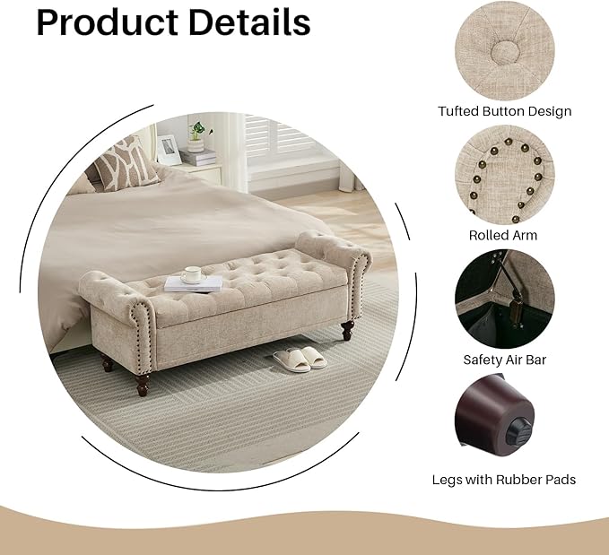 58.1'' Storage Bench Upholstered Chenille End of Bedroom Bed Bench Ottoman with Tufted Cushioned Rolled Arm Large Storage Space for Reading Living Room Entryway, Light Brown