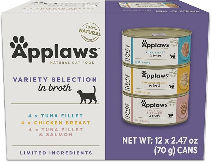 Applaws Natural Wet Canned Cat Food, Made with Limited and Natural Ingreidents, Real Protein with No Artificial Additives, Variety Pack in Broth (12 x 2.47oz Cans)
