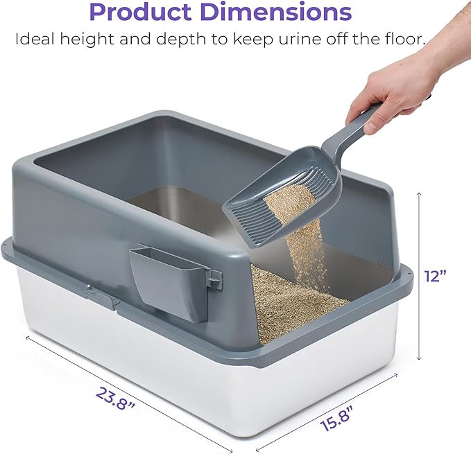 iPrimio Premium Stainless Cat Litter Box for Easy Cleanup - Durable and High Sides Stainless Steel Litter Box with Step Scoop - Mat Elevated for Cats - Scratch and Bite Proof - Dark Grey
