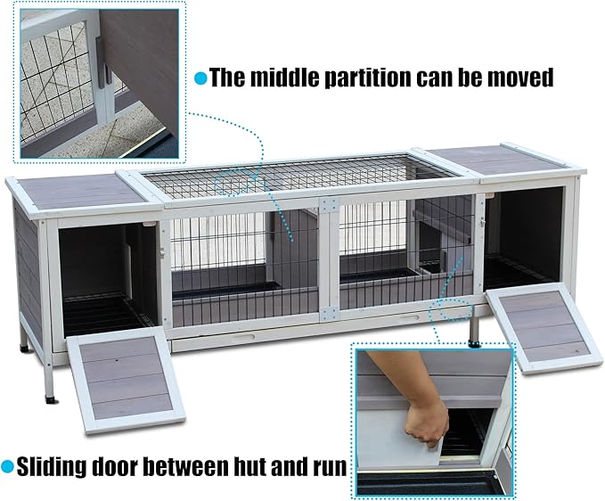 Rabbit Hutch Indoor Leakproof Bunny Cage Fir WoodenOutdoor Bunny House with Wire Floor Leakproof Plastic Tray (Grey)