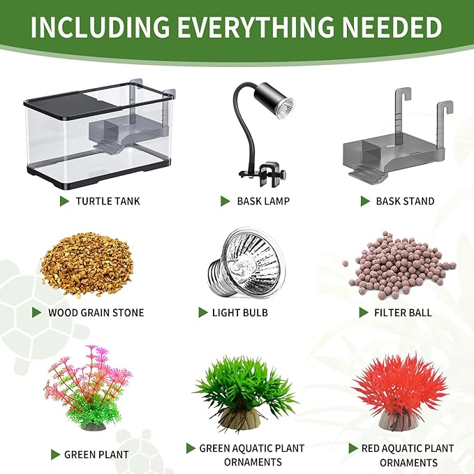 (Tank + Light + Filter Balls) Turtle Tank Kit, Turtle Tank Starter Kit,Bottom Drainage, Multi-Function Areas for Turtles, Crabs,Fishes, Amphibians,Reptiles. (11.81 × 7.88 × 7.88 Inch)