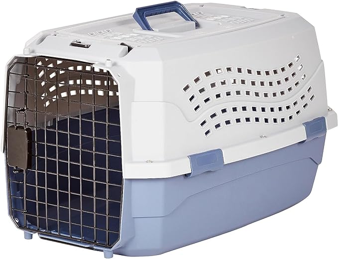 Amazon Basics 2-Door Top-Load Hard-Sided Dogs, Cats Pet Travel Carrier, Gray & Blue, 22.8"L x 15.0"W x 13.0"H