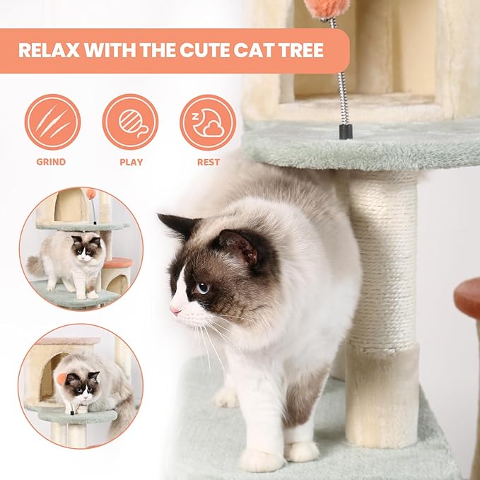 HYABi 63-inch Cat Tree for Large Cats, Multi-Level Flower Tower with Condo, Sisal Scratching Posts & Toy Balls, Sturdy & Safe Indoor Playhouse
