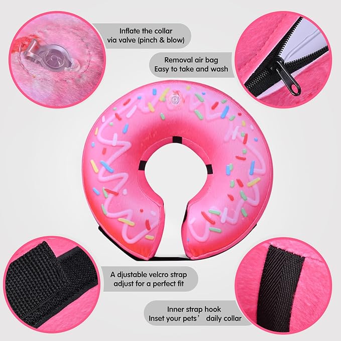 Katoggy Inflatable Dog Cone Collar for Dogs After Surgery, Soft Adjustable Blow up Donut Dog E-Collar for Small Medium Large Dog and Cats,Pink Donut,X-Large