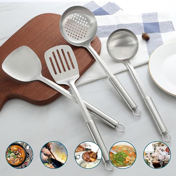 Pleafind 2-Pcs Solid & Slotted Spatula Set, 304 Stainless Steel Spatula, Metal Spatulas, Wok Utensils, Cooking Utensils, Wok Spatulas for Home, Kitchen and Restaurant, Dishwasher Safe