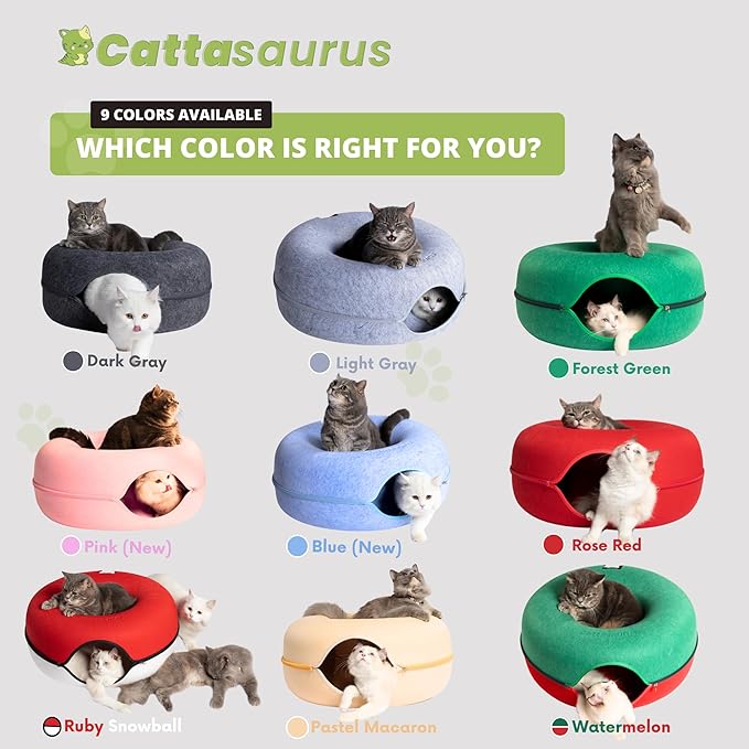 Cattasaurus Peekaboo Cat Cave, Extra Spacious for Multiple & Large Cats 12+ lbs, Scratch Detachable Cat Beds for Indoor Cats, Washable Tunnel Bed, Comfy Cat Donut Tunnel (Ruby Snowball, Jumbo)