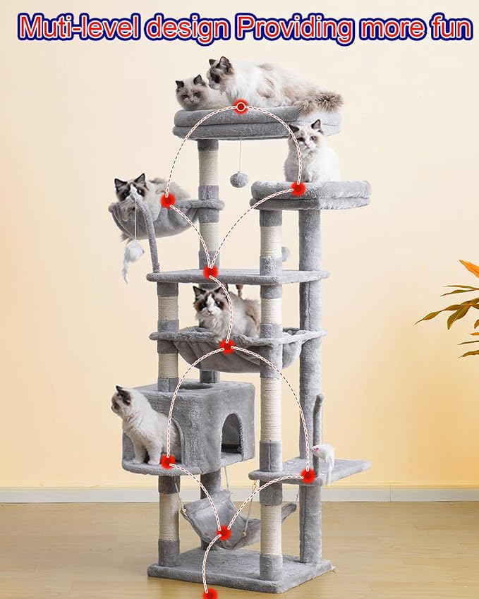 Cat Tree, Cat Tower for Large Cats with 2 Big Platforms, 2 Baskets, condo and Toys, 63" Cat Scratching Posts for Indoor Cats, Light Gray GCT020W