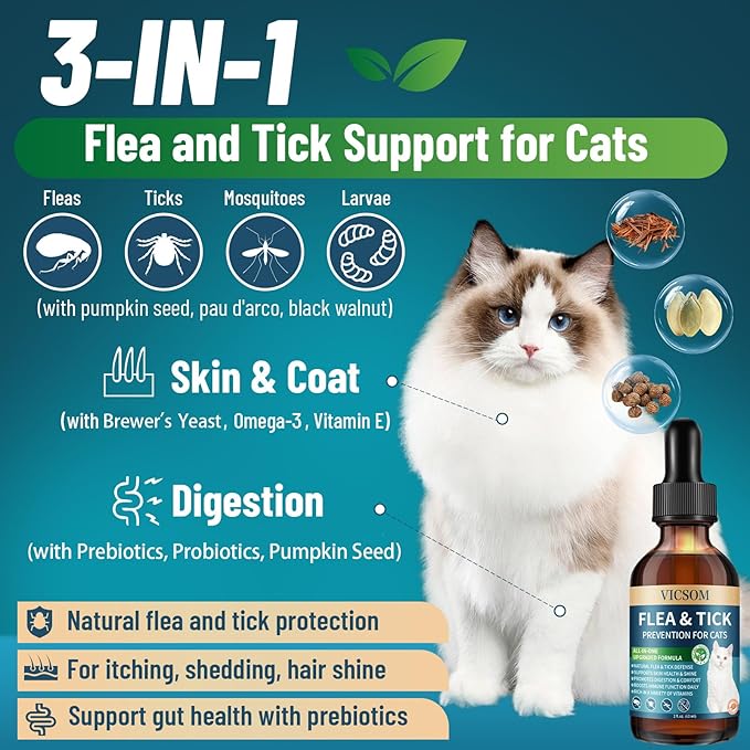 Natural Flea and Tick Prevention for Cats, Herbal Cat Flea and Tick Treatment Support Drops Flea Support with Prebiotics Probiotics for Cats Kitten - Ideal for Sensitive Cat - Salmon Flavor