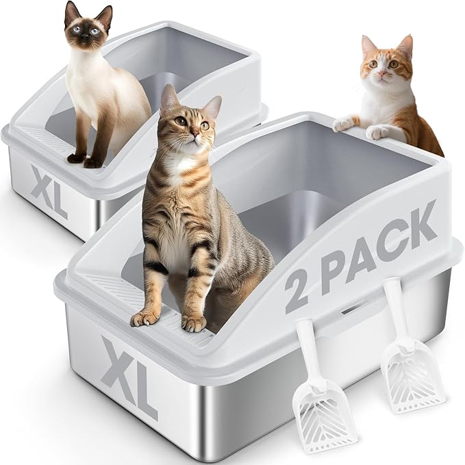 2 Pack Stainless Steel Litter Box | XL Enclosed Cat Litter Boxes with Lid for Big Cats and Multi-Cats | High Sided, Anti-Urine Leakage | Non-Stick Bottom（Silver Gray）