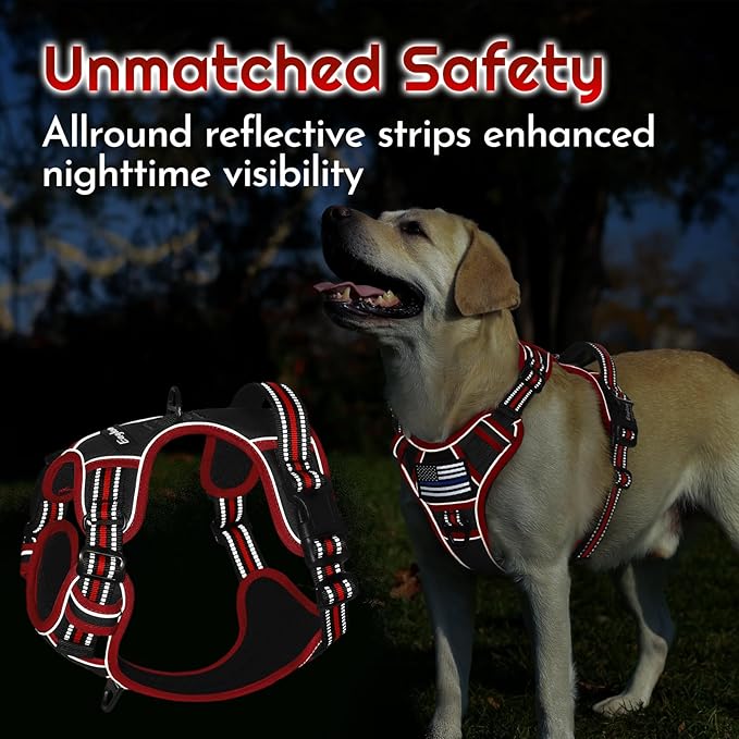 Eagloo Dog Harness Medium Sized, Easy Wearing with 3 Buckles, Adjustable No Pull Pet Harness with 2 Rings for Walking, No Chock Reflective Soft Padded Vest with Control Handle, Black & Red, M