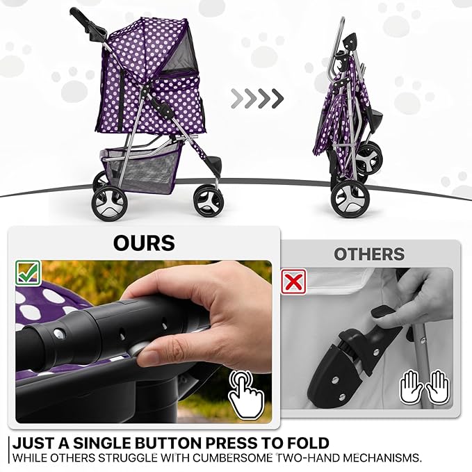 MoNiBloom 3 Wheels Pet Dog Cat Stroller for Small Medium Dogs Cats, Foldable Jogger Stroller w/Storage Basket and Cup Holder, Purple Polka Dots