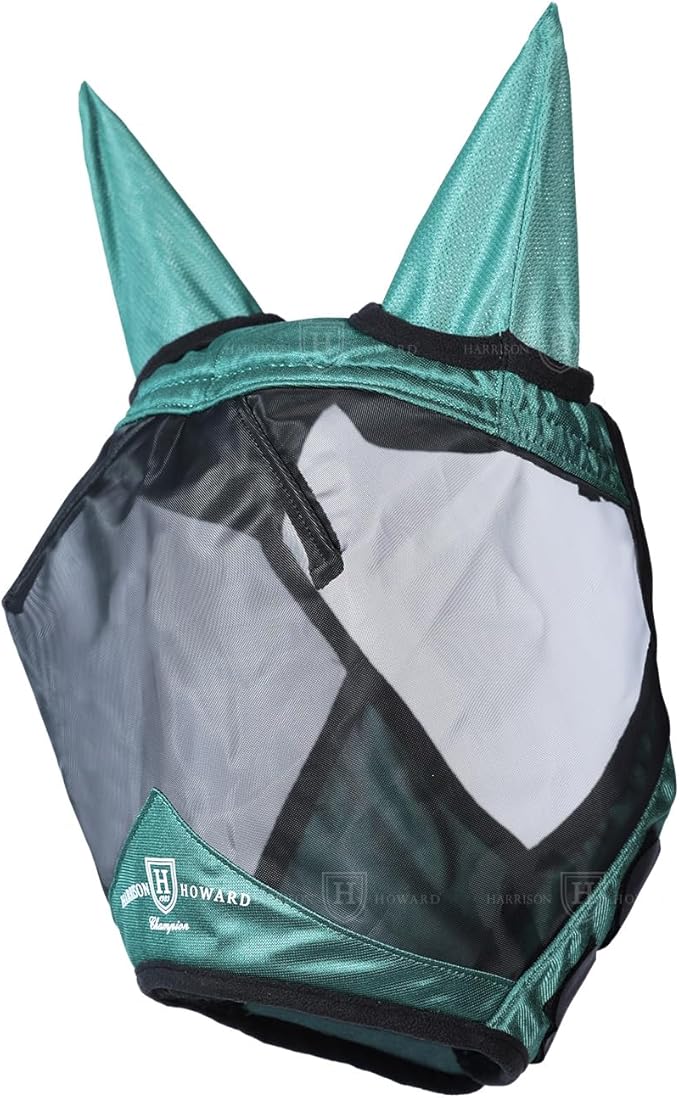 Harrison Howard Pro Luminous Horse Half Face Fly Mask Large Eye Space with Ears UV Protection for Horse Hunter Green L