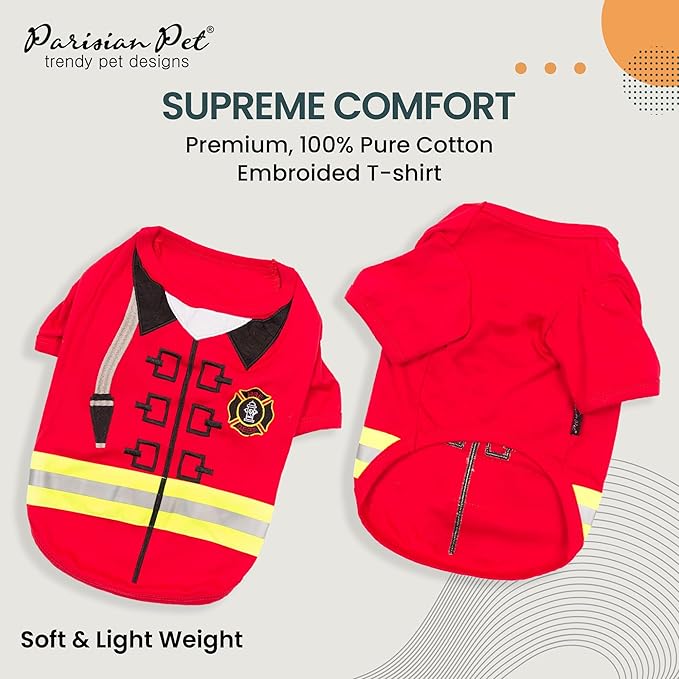 Parisian Pet Embroidered Firefighter Dog Costume - 100% Cotton & Polyester, Sleeved, Medium Dog Size, Red, Lightweight