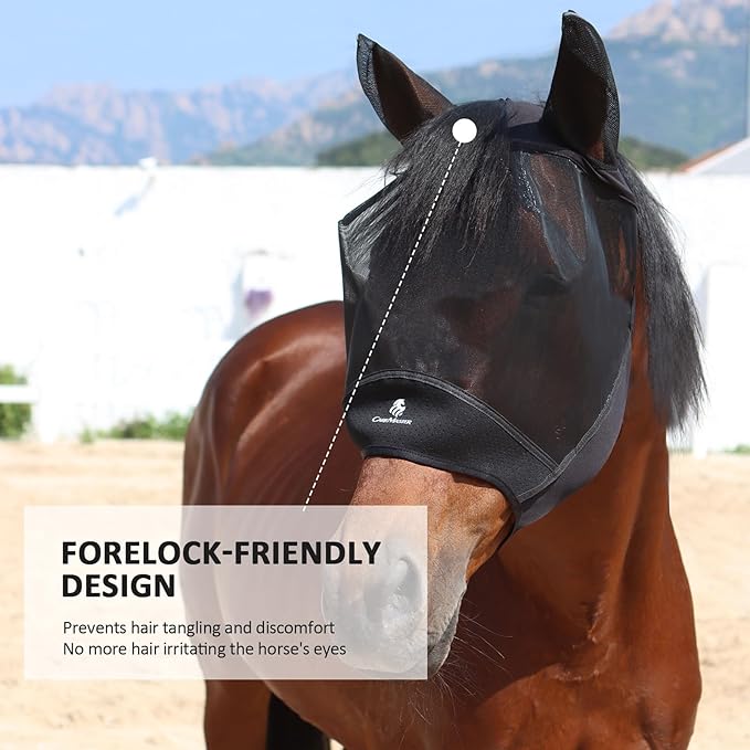 Horse Fly Mask Large Space Breathable UV Protection Equine Mask with Reflective Features on Ears Mars Black L