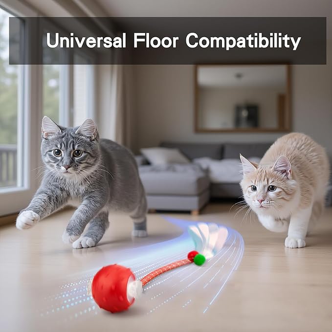 Interactive Cat Toys Ball for Indoor Cats, Automatic Agile Rolling Cat Ball with Elastic Mesh Tail, Bird Chirping & Motion Activated, 2 Tail Accessories, Kitten Toy for Bored (Red)