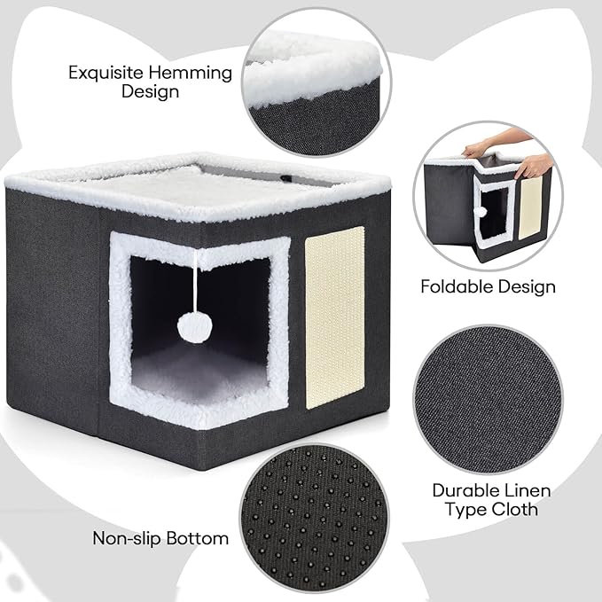 petizer Cat Bed for Indoor Cats, Large Covered Cat House with Scratch Pad, Foldable Cat Cave Bed & Hideaway Cube with Reversible Cushions, Cute Cat Condo for Multi Small Pet Kitten (Dark Grey)