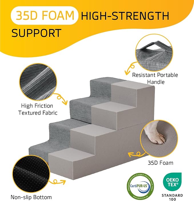 Dog Stairs for Bed, Dog Steps for Bed Couch Sofa, 35D Foam Pet Steps for Small Dogs and Cats, Extra Wide Pet Stairs with Non-Slip Bottom Grey, 3 Steps