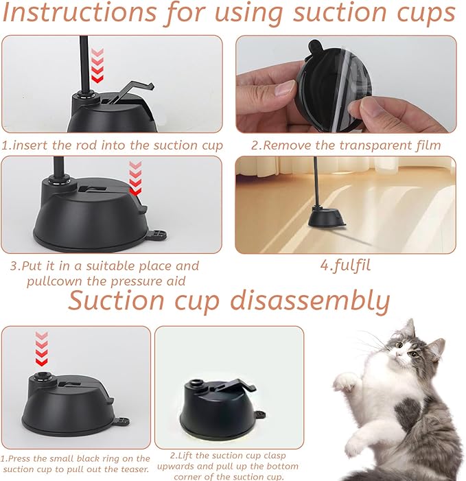 Suction Cup Cat Toys,Interactive Cat Wand with 15Pcs (Feather, Mouse, Butterfly, Worm),Durable Cats Fishing Pole Toy for Indoor Kittens,Fun Stick Toy for Exercise&Play