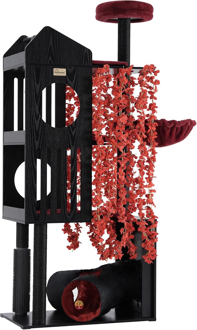 FourFurPets Gothic Cat Tree, 67" Cat Tower for Indoor Cats, Maine Coon Cat Tree for Large Cats 20 lbs+ with Extra-Large Padded Platform, Sisal-Covered Scratching Posts, Comfy Basket, Black & Red