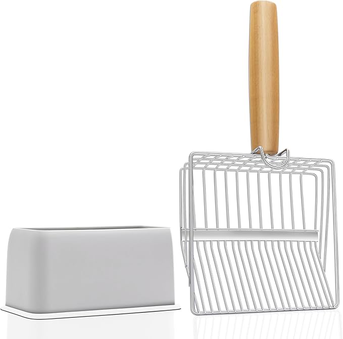 UFECODO Fast Sifting Cat Litter Scoop with Holder Stand, 2 Widths of Slots Stainless Steel Poop Scooper with Ergonomic Wood Handle, Heavy Duty and Easy Clean