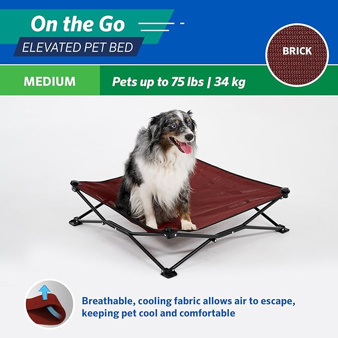 Coolaroo On-The-Go Elevated Dog Bed - Foldable Pop-Up Travel Dog Bed with Breathable, Moisture-Resistant Fabric, Carry Bag Included, Lightweight & Portable, Brick, Medium