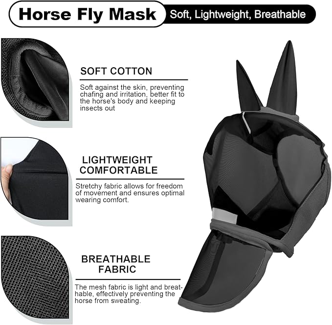 Luminous Horse Fly Mask with Long Nose, Ears, Full Face & Eye Protection - Full Mesh, Detachable Nose Cover, Fleece Padded Edging, Hook-and-Loop Straps with Webbing, Hanging Straps Black