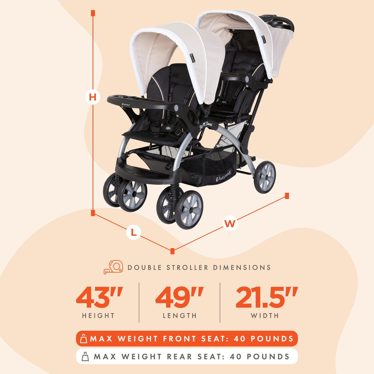 Baby Trend Double Infant and Toddler Stroller w/ Harness and Basket, Sit N' Stand, Stormy - Convertible Twin and Tandem Strollers for Babies