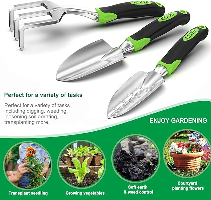 ESOW Garden Tool Set, 3 Piece Cast-Aluminum Heavy Duty Gardening Kit Includes Hand Trowel, Transplant Trowel and Cultivator Hand Rake with Soft Rubberized Non-Slip Ergonomic Handle, Garden Gifts