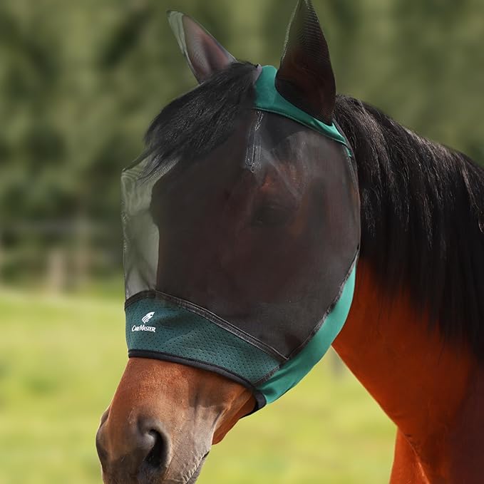 Horse Fly Mask Large Space Breathable UV Protection Equine Mask with Reflective Features on Ears Hunter Green M
