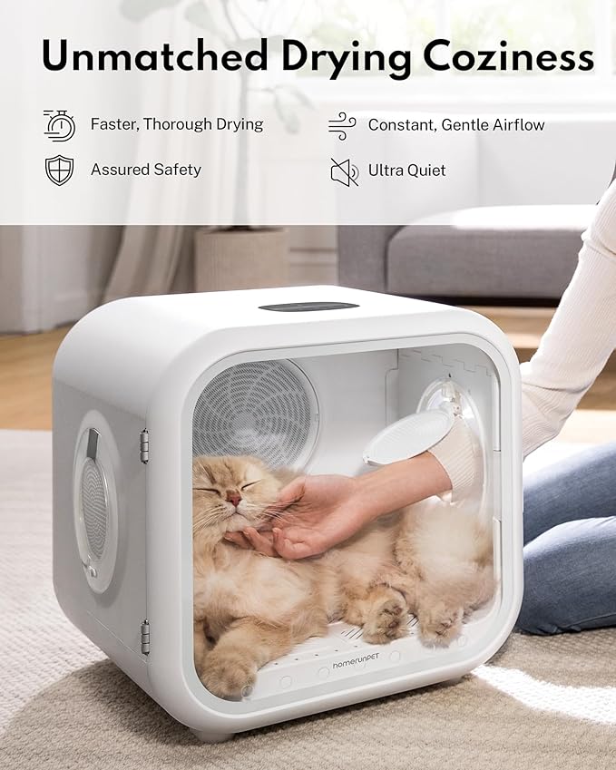 HomeRunPet Cat Dryer, 360° Efficient Automatic and Quiet Box with Smart Temperature Control, Ideal for Small Dogs (50L Drybo Plus Pet Dryer Box)