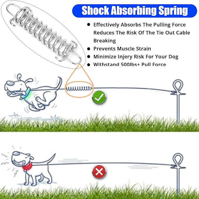 Jenico Dog Tie Out Cable, 10-150FT Runner Cable with Swivel Hook and Shock Spring, Yard and Camping Dog Leash Tether for Small to Medium Pets Up to 500 LBS