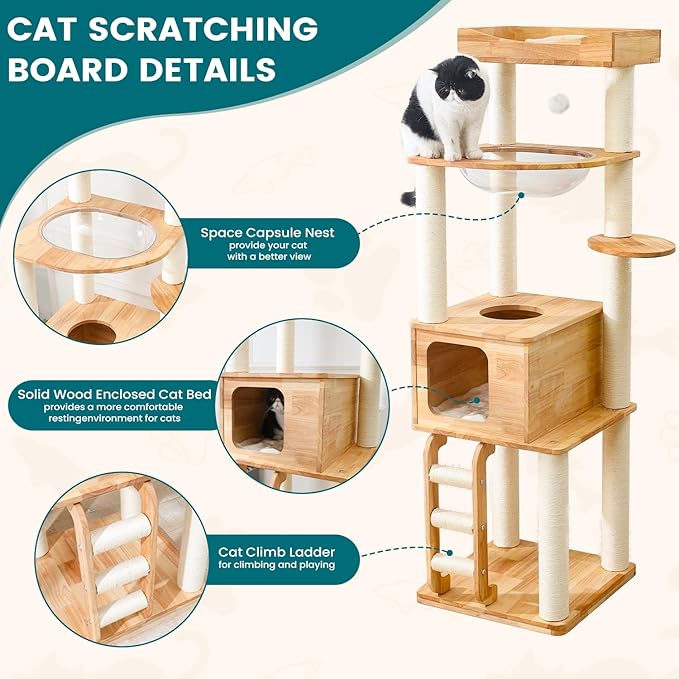 65-inch Tall Cat Tree，Cat Tower for Indoor Cats with Feel-Safe Enclosed Cat Cave、Scratching Post、Space Capsule Nest and Cat Ladder