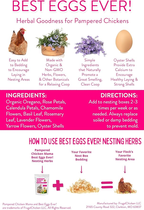 Pampered Chicken Mama Best Eggs Ever! Nesting Herbs for Chickens (16 Ounce/1 Pound) for Chicken Nesting Boxes Calcium Supplement for Chickens | Chicken Feed Supplies, Hen Treats for Coops (1 Bag)