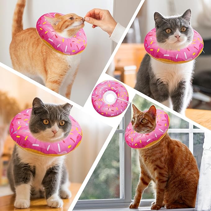Cat Cone Soft Collar, Adjustable Cat Recovery Collars Kitten Cones to Stop Licking, Cute Donut E Collar After Surgery, Elizabethan Healing Protective Cones After Spay (Donut Pink, Large)