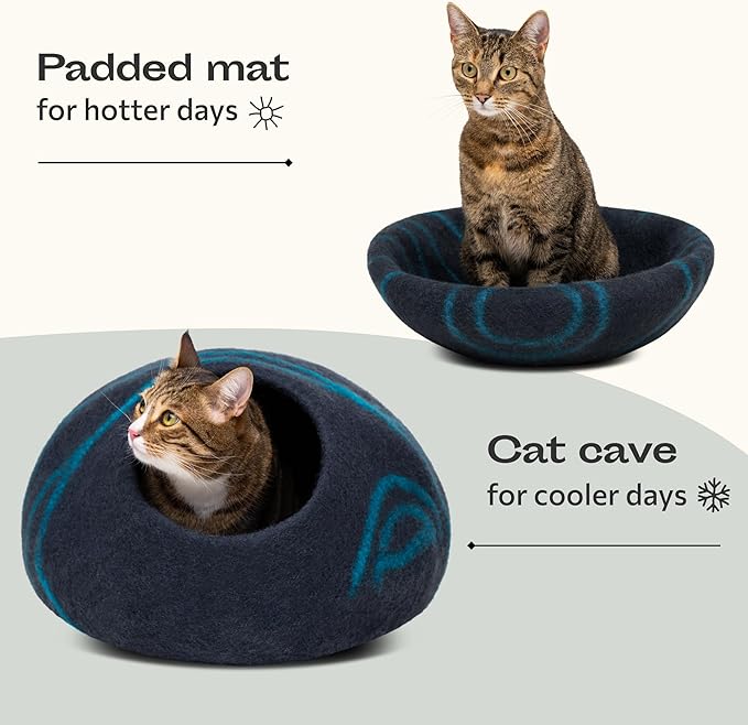 MEOWFIA Cat Cave – Premium Felt Cat Bed for Indoor Cats, Handmade 100% Merino Wool (Large, Black Aqua)