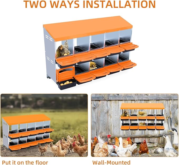 Chicken Nesting Boxes, 10 Hole Metal Chicken Laying Box with with Removable Trays and Roll Out Egg Collection for Chicken Coop, Orange