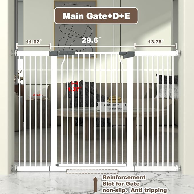 41" Extra Tall Cat Gate for Doorway, 54.8-57.4'' Metal Pet Baby Safe Gate, Extra Wide Pressure Mounted Child Door with Expansion Kit, No Drilling Cat Fence Indoor, No Climb Baby Proof Gate, White