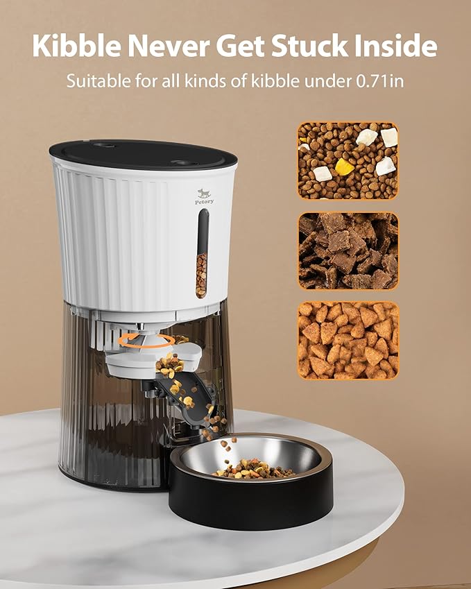 Petory Timed Automatic Cat Feeders - 4L Programable Dry Food Dispenser for Cats and Small Medium Dogs 6 Meals with Desiccant Bag Dual Power Supply 10S Voice Recorder