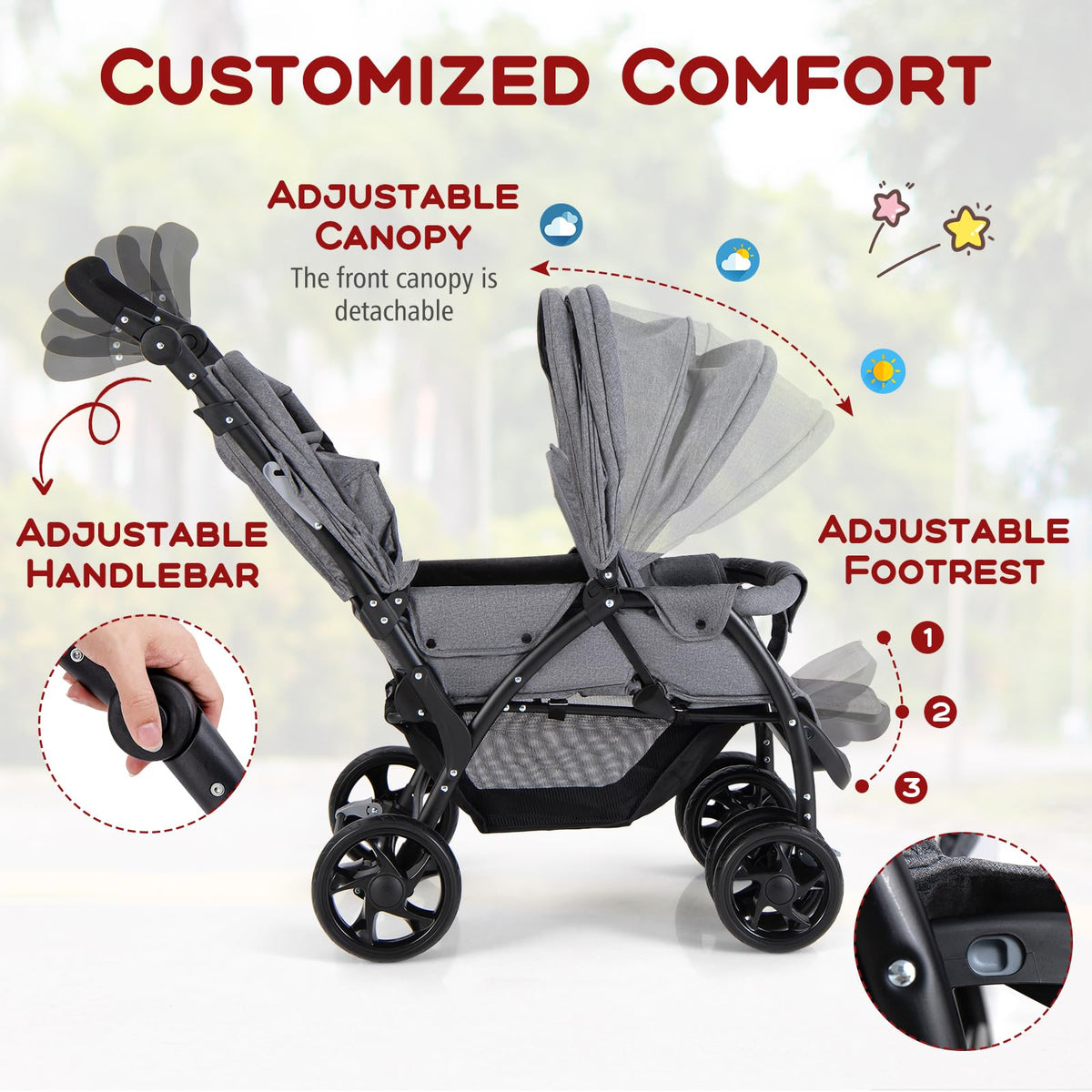 HONEY JOY Double Stroller, Foldable Lightweight Infant Twin with Tandem Seating, 5-Point Harness, Recline Seat, Storage Basket, Compact Baby Double Stroller Newborn and Toddler (Black)