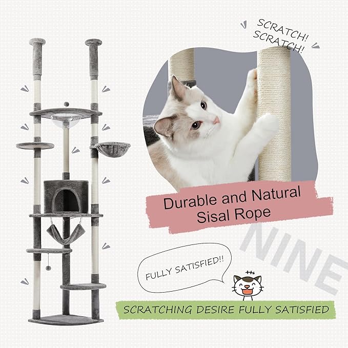 PEQULTI Floor to Ceiling Cat Tree 92.9’’-101.6’’ Height Adjustable Cat Tower Tall Kitty Climbing Play House with Scratching Posts, Cozy Condo, Perches and Large Hammock for Indoor Cats Gray